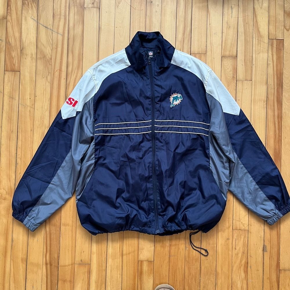 Mens Reebok Miami Dolphins NFL Windbreaker Jacket Navy Blue Grey XL Vintage